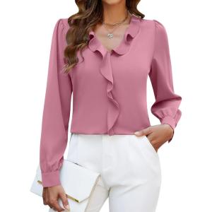 imageBlooming Jelly Womens Dressy Casual Blouse Business Long Sleeve Tops Ruffle V Neck Work Shirt Fall Outfit 2024Dusty Pink