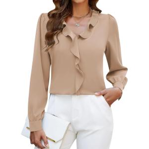 imageBlooming Jelly Womens Dressy Casual Blouse Business Long Sleeve Tops Ruffle V Neck Work Shirt Fall Outfit 2024Khaki