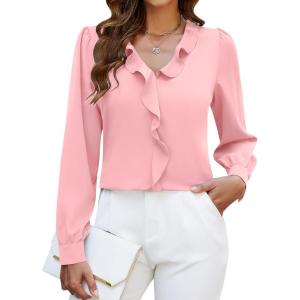 imageBlooming Jelly Womens Dressy Casual Blouse Business Long Sleeve Tops Ruffle V Neck Work Shirt Fall Outfit 2024Pink