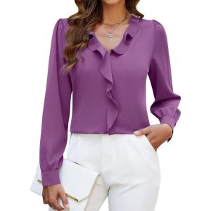 imageBlooming Jelly Womens Dressy Casual Blouse Business Long Sleeve Tops Ruffle V Neck Work Shirt Fall Outfit 2024Purple