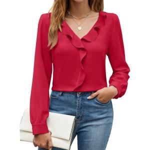 imageBlooming Jelly Womens Dressy Casual Blouse Business Long Sleeve Tops Ruffle V Neck Work Shirt Fall Outfit 2024Red