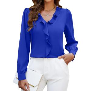 imageBlooming Jelly Womens Dressy Casual Blouse Business Long Sleeve Tops Ruffle V Neck Work Shirt Fall Outfit 2024Royal Blue