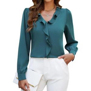 imageBlooming Jelly Womens Dressy Casual Blouse Business Long Sleeve Tops Ruffle V Neck Work Shirt Fall Outfit 2024Turquoise