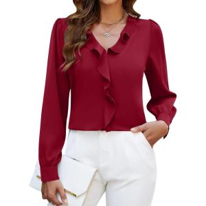imageBlooming Jelly Womens Dressy Casual Blouse Business Long Sleeve Tops Ruffle V Neck Work Shirt Fall Outfit 2024Wine Red