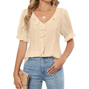 imageBlooming Jelly Womens Dressy Casual Blouse Business Short Sleeve Shirt Ruffle Pleated V Neck Work Summer Tops 2025Apricot
