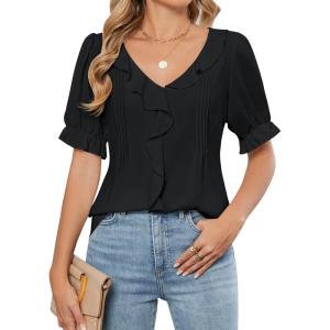 imageBlooming Jelly Womens Dressy Casual Blouse Business Short Sleeve Shirt Ruffle Pleated V Neck Work Summer Tops 2025Black