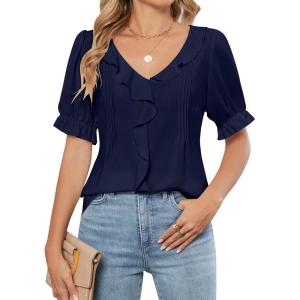 imageBlooming Jelly Womens Dressy Casual Blouse Business Short Sleeve Shirt Ruffle Pleated V Neck Work Summer Tops 2025Dark Blue