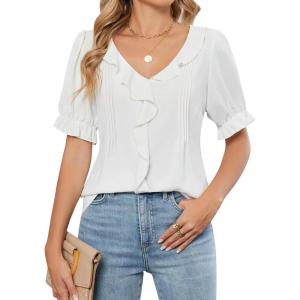 imageBlooming Jelly Womens Dressy Casual Blouse Business Short Sleeve Shirt Ruffle Pleated V Neck Work Summer Tops 2025White
