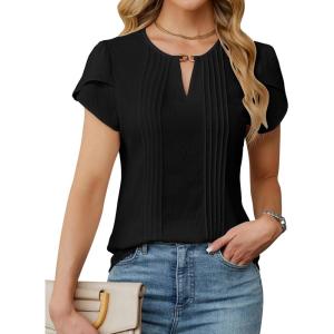 imageBlooming Jelly Womens Dressy Casual Blouse Trendy Summer Petal Short Sleeve Tops Work Blouses Pleated Keyhole ShirtsBlack