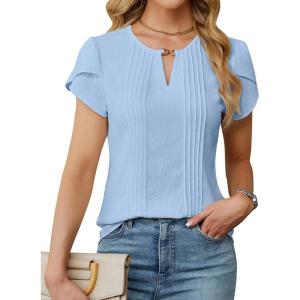 imageBlooming Jelly Womens Dressy Casual Blouse Trendy Summer Petal Short Sleeve Tops Work Blouses Pleated Keyhole ShirtsBlue