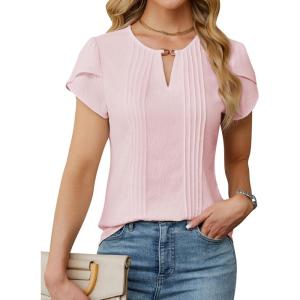 imageBlooming Jelly Womens Dressy Casual Blouse Trendy Summer Petal Short Sleeve Tops Work Blouses Pleated Keyhole ShirtsPink
