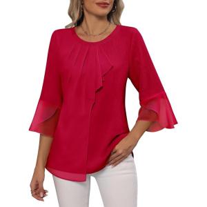 imageBlooming Jelly Womens Dressy Casual Blouses 34 Sleeve Ruffle Business Tops Summer Work Shirts 2025Red