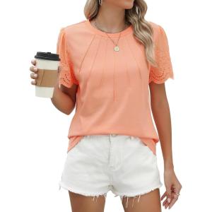 imageBlooming Jelly Womens Dressy Casual Blouses Business Work Tops Lace Short Sleeve Shirts Trendy Summer Outfits 2024Coral