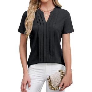 imageBlooming Jelly Womens Dressy Casual Blouses Business Work Tops Short Sleeve V Neck Pleated T Shirts 2024 Summer OutfitsBlack