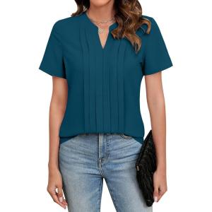 imageBlooming Jelly Womens Dressy Casual Blouses Business Work Tops Short Sleeve V Neck Pleated T Shirts 2024 Summer OutfitsBlue