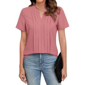 imageBlooming Jelly Womens Dressy Casual Blouses Business Work Tops Short Sleeve V Neck Pleated T Shirts 2024 Summer OutfitsDusty Pink