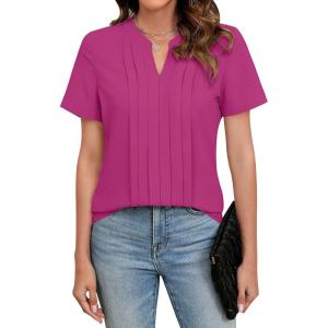 imageBlooming Jelly Womens Dressy Casual Blouses Business Work Tops Short Sleeve V Neck Pleated T Shirts 2024 Summer OutfitsHot Pink