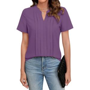 imageBlooming Jelly Womens Dressy Casual Blouses Business Work Tops Short Sleeve V Neck Pleated T Shirts 2024 Summer OutfitsPurple