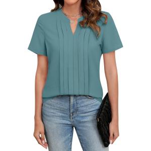 imageBlooming Jelly Womens Dressy Casual Blouses Business Work Tops Short Sleeve V Neck Pleated T Shirts 2024 Summer OutfitsTurquoise