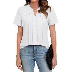 imageBlooming Jelly Womens Dressy Casual Blouses Business Work Tops Short Sleeve V Neck Pleated T Shirts 2024 Summer OutfitsWhite