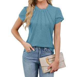 imageBlooming Jelly Womens Dressy Casual Blouses Business Work Tops Summer Short Sleeve Shirts Crew Neck Waffle Kint TshirtsBlue