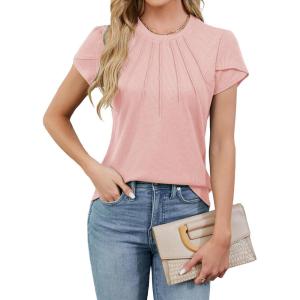 imageBlooming Jelly Womens Dressy Casual Blouses Business Work Tops Summer Short Sleeve Shirts Crew Neck Waffle Kint TshirtsCoral