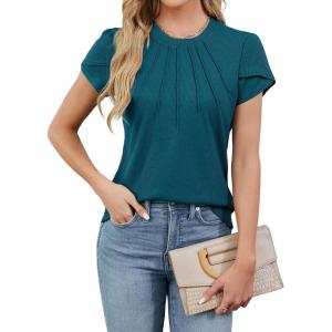 imageBlooming Jelly Womens Dressy Casual Blouses Business Work Tops Summer Short Sleeve Shirts Crew Neck Waffle Kint TshirtsDark Cyan