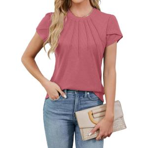 imageBlooming Jelly Womens Dressy Casual Blouses Business Work Tops Summer Short Sleeve Shirts Crew Neck Waffle Kint TshirtsPink