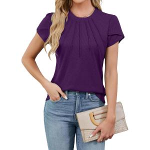 imageBlooming Jelly Womens Dressy Casual Blouses Business Work Tops Summer Short Sleeve Shirts Crew Neck Waffle Kint TshirtsPurple