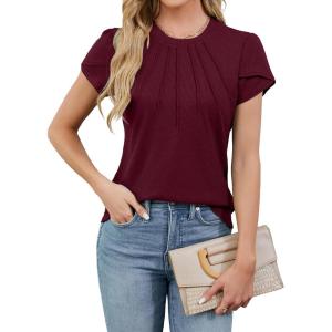 imageBlooming Jelly Womens Dressy Casual Blouses Business Work Tops Summer Short Sleeve Shirts Crew Neck Waffle Kint TshirtsWine Red