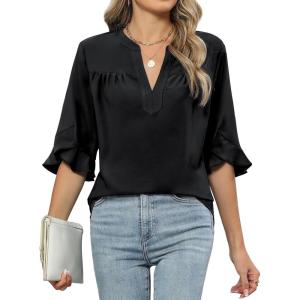 imageBlooming Jelly Womens Dressy Casual Blouses Business Work Tops Summer Tunic 34 Length Sleeve V Neck Shirts Trend OutfitsBlack