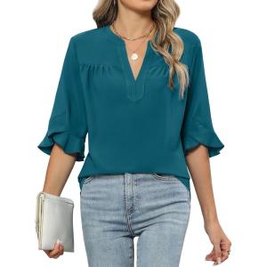 imageBlooming Jelly Womens Dressy Casual Blouses Business Work Tops Summer Tunic 34 Length Sleeve V Neck Shirts Trend OutfitsTurquoise