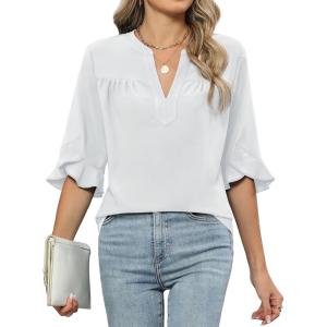 imageBlooming Jelly Womens Dressy Casual Blouses Business Work Tops Summer Tunic 34 Length Sleeve V Neck Shirts Trend OutfitsWhite