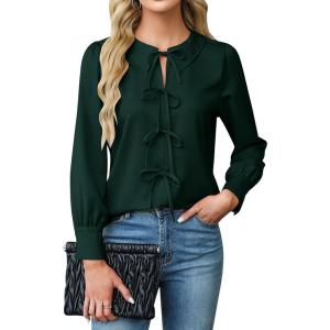 imageBlooming Jelly Womens Dressy Casual Blouses Business Work Tops Tie Front Long Sleeve Shirts 2025 Fall OutfitsDark Green