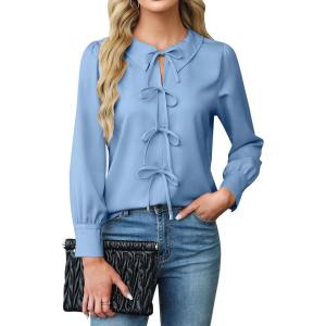 imageBlooming Jelly Womens Dressy Casual Blouses Business Work Tops Tie Front Long Sleeve Shirts 2025 Fall OutfitsGrey Blue