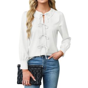imageBlooming Jelly Womens Dressy Casual Blouses Business Work Tops Tie Front Long Sleeve Shirts 2025 Fall OutfitsWhite