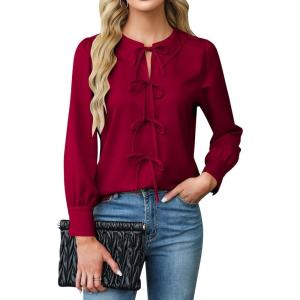 imageBlooming Jelly Womens Dressy Casual Blouses Business Work Tops Tie Front Long Sleeve Shirts 2025 Fall OutfitsWine Red