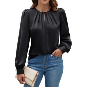 imageBlooming Jelly Womens Dressy Casual Blouses Satin Long Sleeve Shirts Pleated Business Tops Trendy Fall OutfitsBlack