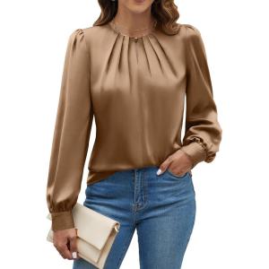 imageBlooming Jelly Womens Dressy Casual Blouses Satin Long Sleeve Shirts Pleated Business Tops Trendy Fall OutfitsCamel