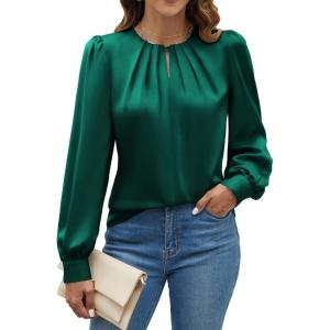 imageBlooming Jelly Womens Dressy Casual Blouses Satin Long Sleeve Shirts Pleated Business Tops Trendy Fall OutfitsDark Green
