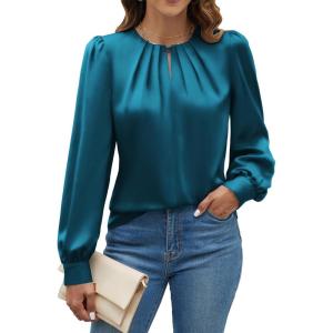 imageBlooming Jelly Womens Dressy Casual Blouses Satin Long Sleeve Shirts Pleated Business Tops Trendy Fall OutfitsTeal