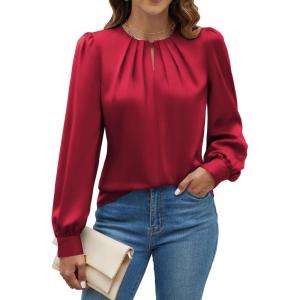 imageBlooming Jelly Womens Dressy Casual Blouses Satin Long Sleeve Shirts Pleated Business Tops Trendy Fall OutfitsWine Red