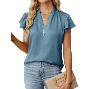 imageBlooming Jelly Womens Dressy Casual Blouses V Neck Ruffle Short Sleeve Dress Shirts Business Casual Pleat 2025 TopsBaby Blue
