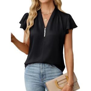 imageBlooming Jelly Womens Dressy Casual Blouses V Neck Ruffle Short Sleeve Dress Shirts Business Casual Pleat 2025 TopsBlack