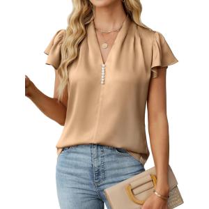 imageBlooming Jelly Womens Dressy Casual Blouses V Neck Ruffle Short Sleeve Dress Shirts Business Casual Pleat 2025 TopsCamel