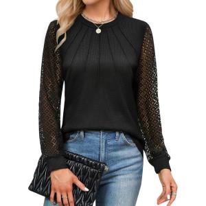 imageBlooming Jelly Womens Dressy Casual Business Blouse Lace Long Sleeve Pleated Tops Waffle Knit Work Shirt Fall OutfitBlack