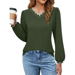imageBlooming Jelly Womens Dressy Casual Long Sleeve Top V Neck Work Blouse Scalloped Business Shirts Fall Clothes 2024Army Green