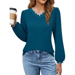 imageBlooming Jelly Womens Dressy Casual Long Sleeve Top V Neck Work Blouse Scalloped Business Shirts Fall Clothes 2024Dark Cyan