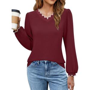 imageBlooming Jelly Womens Dressy Casual Long Sleeve Top V Neck Work Blouse Scalloped Business Shirts Fall Clothes 2024Wine Red