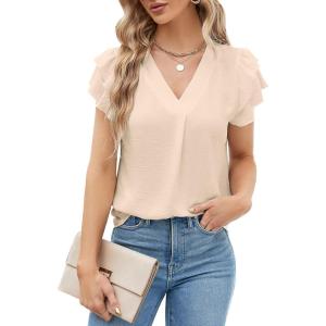 imageBlooming Jelly Womens Dressy Casual Shirts Short Sleeve V Neck Work Blouse Business Casual Summer Tops 2025Apricot